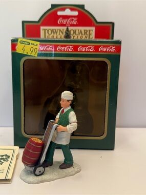 Vintage 1993 Coca Cola Delivery Worker Figurine in Green and White Town Square